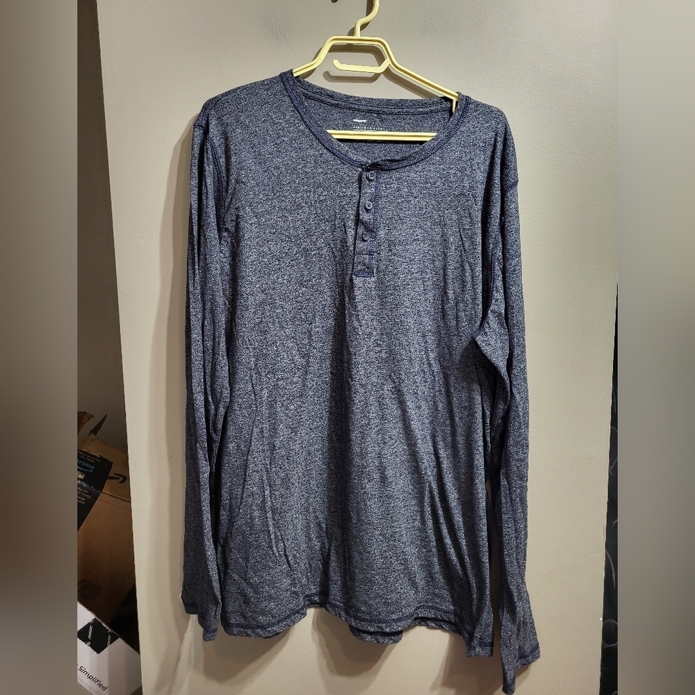 Publicopinion Blue Long Sleeve Henley Tee, Size XXL